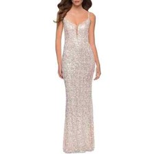 La Femme Champagne Nude Silver Deep V-Neck Sequin Gown Size 10 $398 Prom