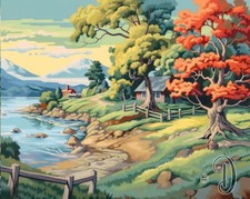 Riverside Cabin Beneath the Big Tree - Printed Needlepoint Canvas