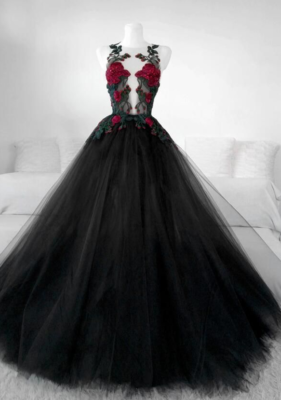 black bridesmaid dresses with red roses Women's Red Love A-line Spaghetti Strap Mesh Floor Length Dress S/M/L Black MEAN BLVD Black / L