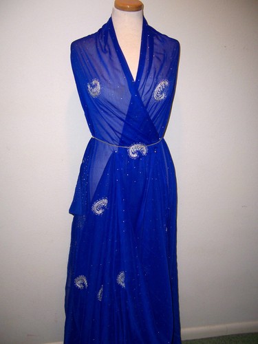 TRAUMHAFTER DESIGNER STOFF ROYALBLAU CHIFFON MIT SILBERMETALLIC STICKEREI 6yds - Bild 3 von 11