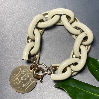 Vintage Bracelet Estate Jewelry Pre-Owned Gate Link Beige Enamel Monogram MPM 7''