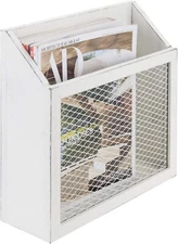 Vintage White Wood Tabletop Magazine Holder, Wall Mounted Office Mail Rack