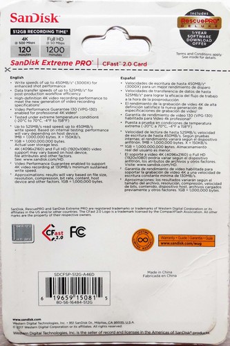 SANDISK CFAST 2.o - 512GB - 4K V130 - Read 525 MB/S - Write 450 MB/s - NEW PKG - Picture 3 of 3