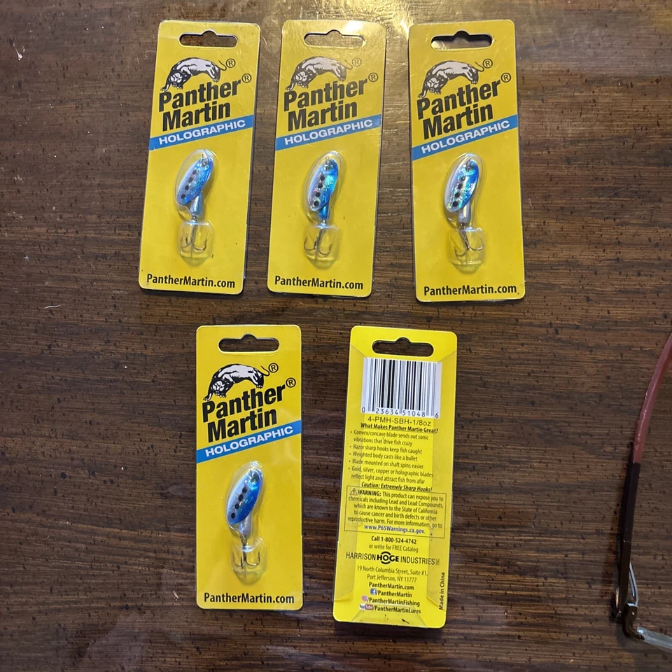 LOTE DE 5 ~ Señuelo de pesca en lágrima holográfico Panther Martin 1/8 oz puntos azules/negros Foto 4 de 4