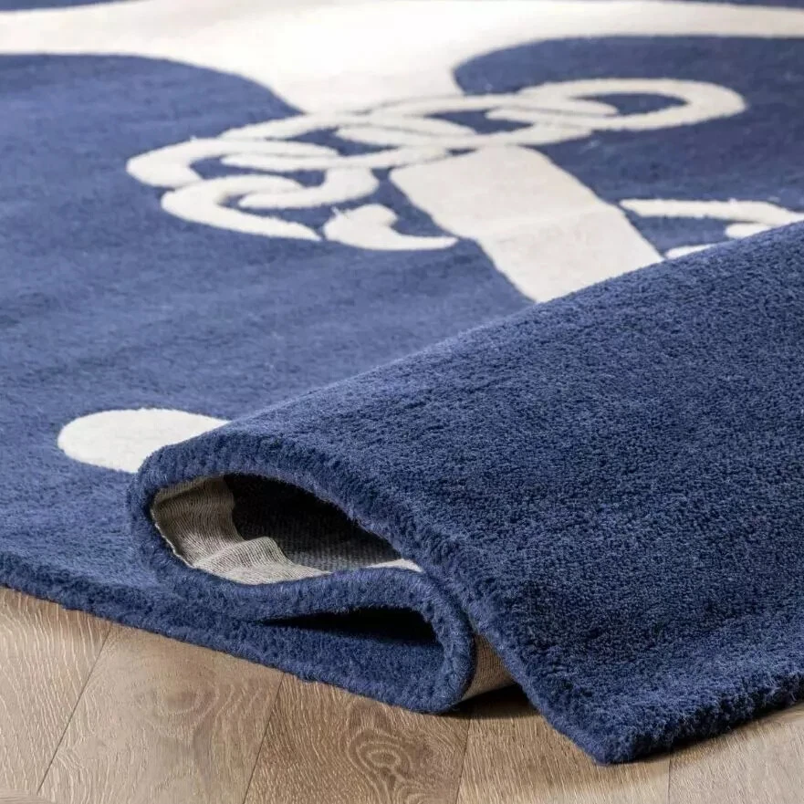 Alfombra de área azul marino con ancla náutica acolchada a mano alfombra suave de lana para decoración del hogar Foto 3 de 4