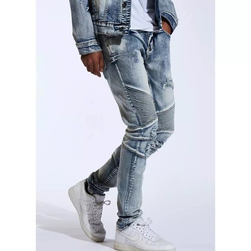 Crysp Denim Men's Skywalker Moto Distressed Rips Skinny Fit Stretch Denim Jeans - Picture 3 of 6