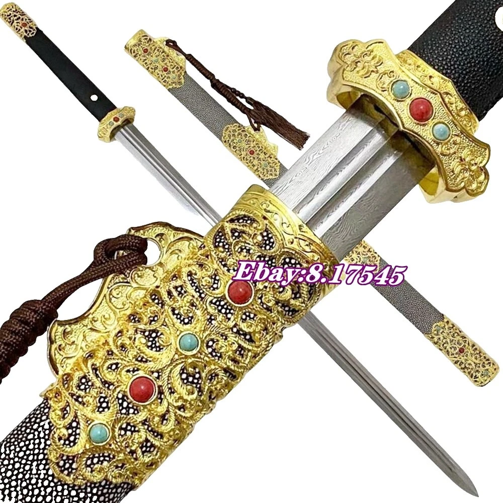 Hoja de acero de damasco espadas chinas de colección y sables manija de cuero