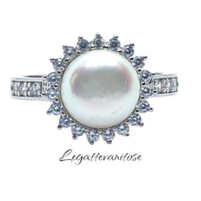 Anello donna argento 925 con perla naturale e zirconi bianchi solitario fascia