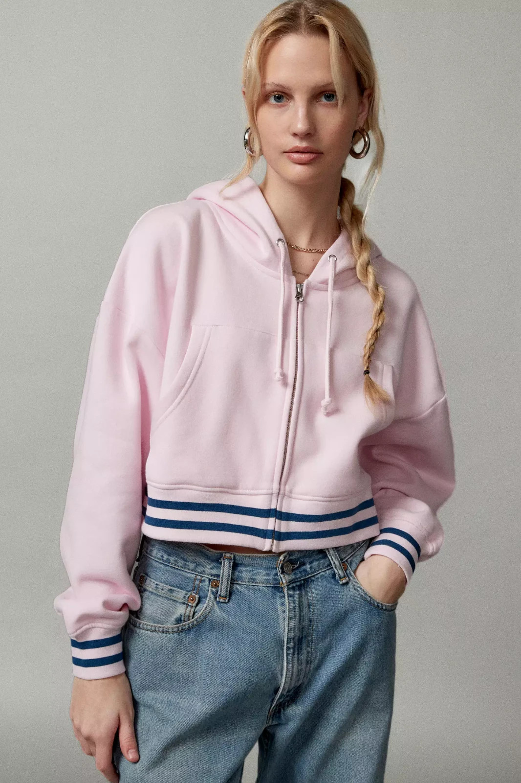 BDG LEAH STRIPE-TRIM CROPPED ZIP-UP HOODIE SWEATSHIRT PINK NWT SIZE M