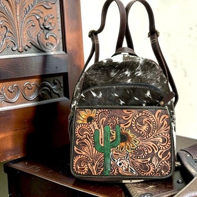 Myra Bag Leather Hair-on-Cowhide Backpack Tooled Hide Western Boho Cowgirl