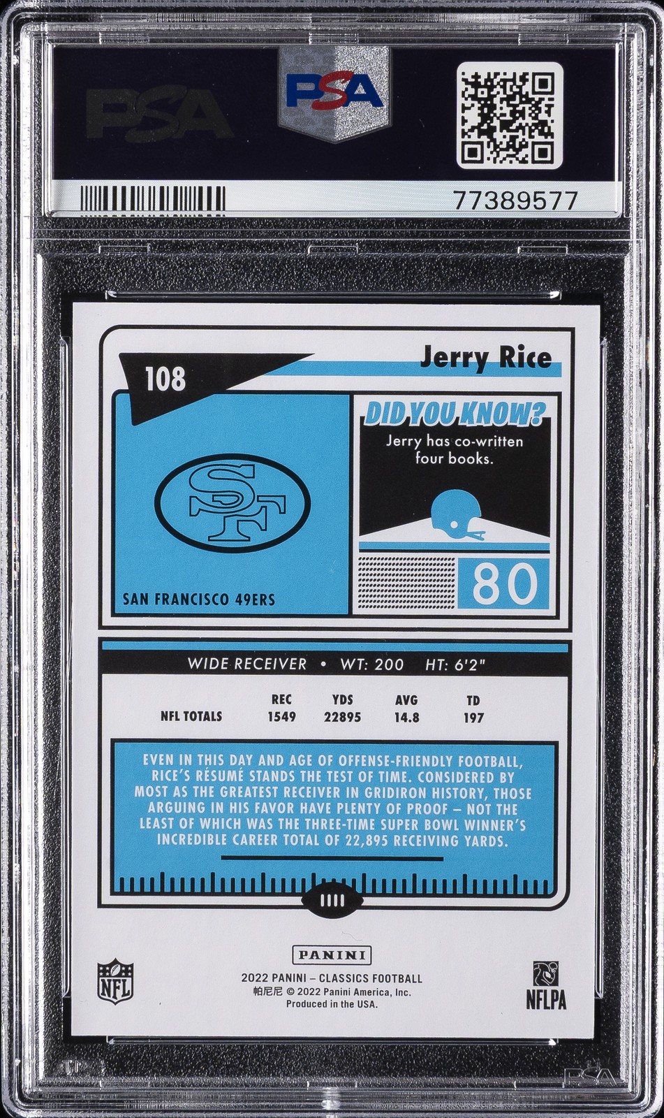 2022 PANINI CLASSICS BLUE BACK #108 JERRY RICE 54/75 PSA 10 view 2