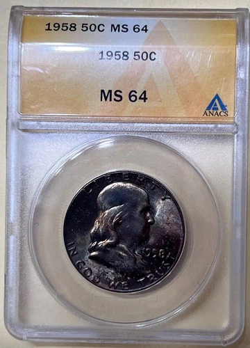 1958 Franklin Half Dollar ANACS Certified MS 64 - Mint Set Toning On Both Sides