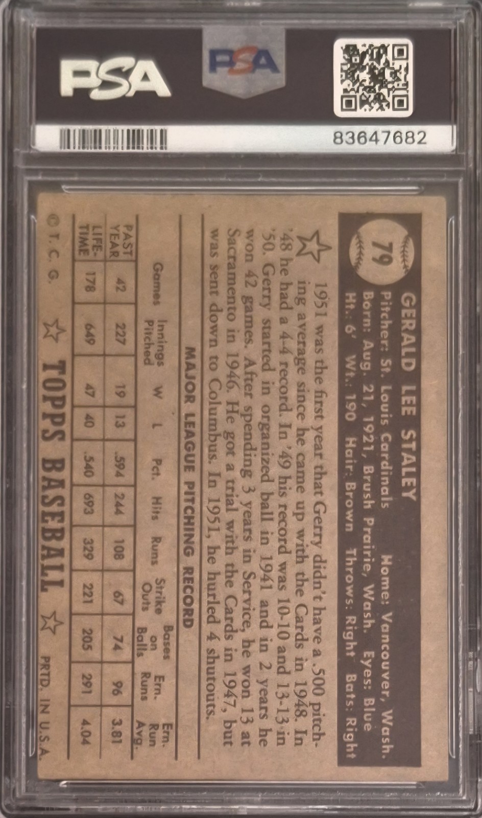 PSA 3 - 1952 Topps # 79 Gerald (Gerry) Staley (Black Back) St. Louis Cardinals view 2