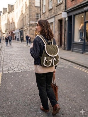 Faded Glory Olive Cotton Kids Backpack Faux Shearling Trim Buckle Strap