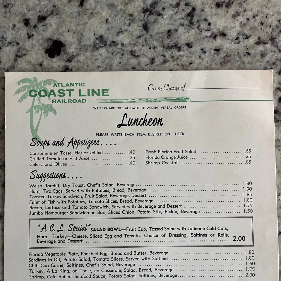 Atlantic Coast Line 1965 RR menú y billete de equipaje ACL almuerzo tren vagón comedor Foto 4 de 4