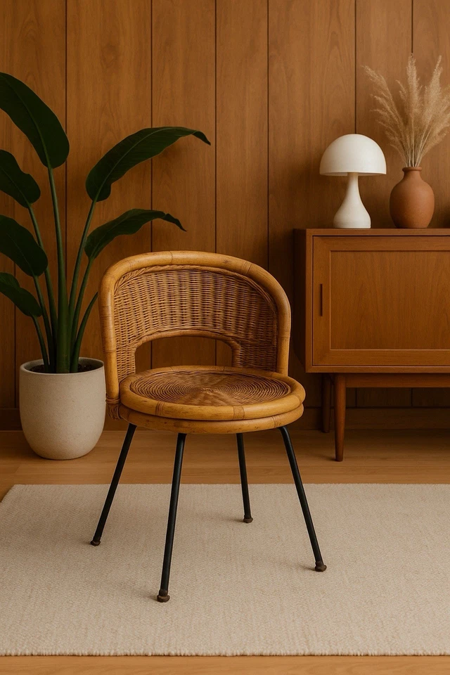 Silla Danny Ho Fong Tropi Cal Ratán Mimbre Mediados de Siglo Moderna Hierro Pacífico Foto 2 de 4