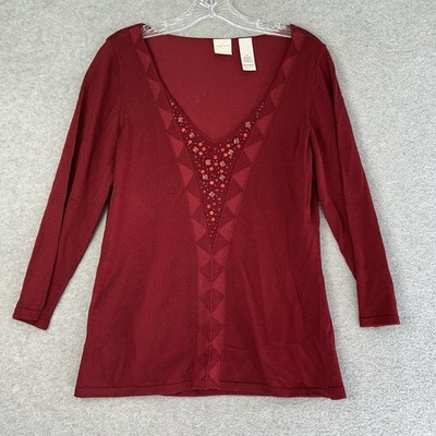 Emma James Shirt Womens Sz Medium Dark Red Beaded 3/4 Sleeve Knit Blouse FLAWS