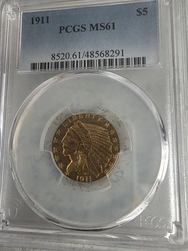 US Gold $5 Indian Head Half Eagle - PCGS MS61 - 1911