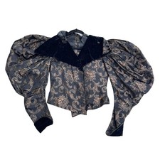 Antique Victorian Bodice Black Silk Balloon Sleeve Blouse with Colored Jacquard