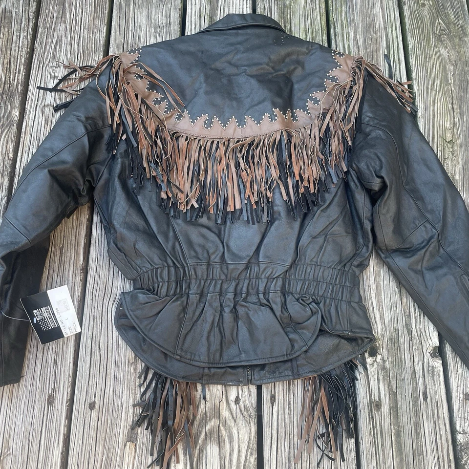 Chaqueta de cuero negra vintage con flecos para motociclista motocicleta vaquera occidental grande Foto 2 de 4
