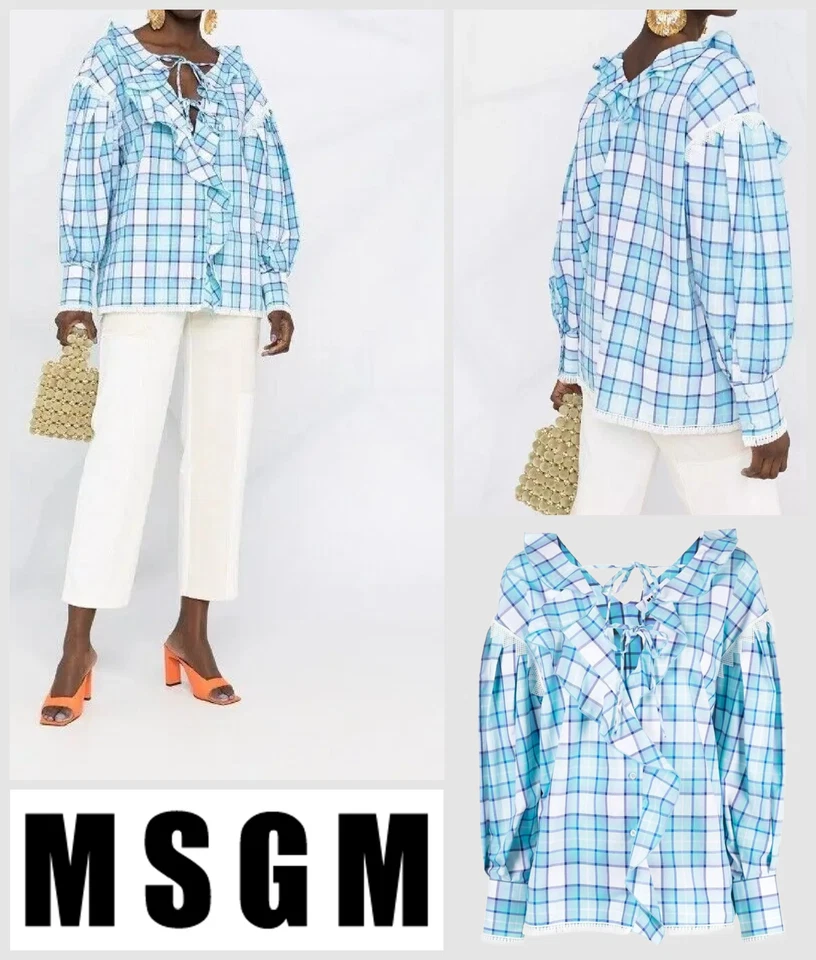 MSGM Blouse Top Size UK 8 IT 40 Ruffle Drop Shoulder MADE IN ITALY - Blue Green