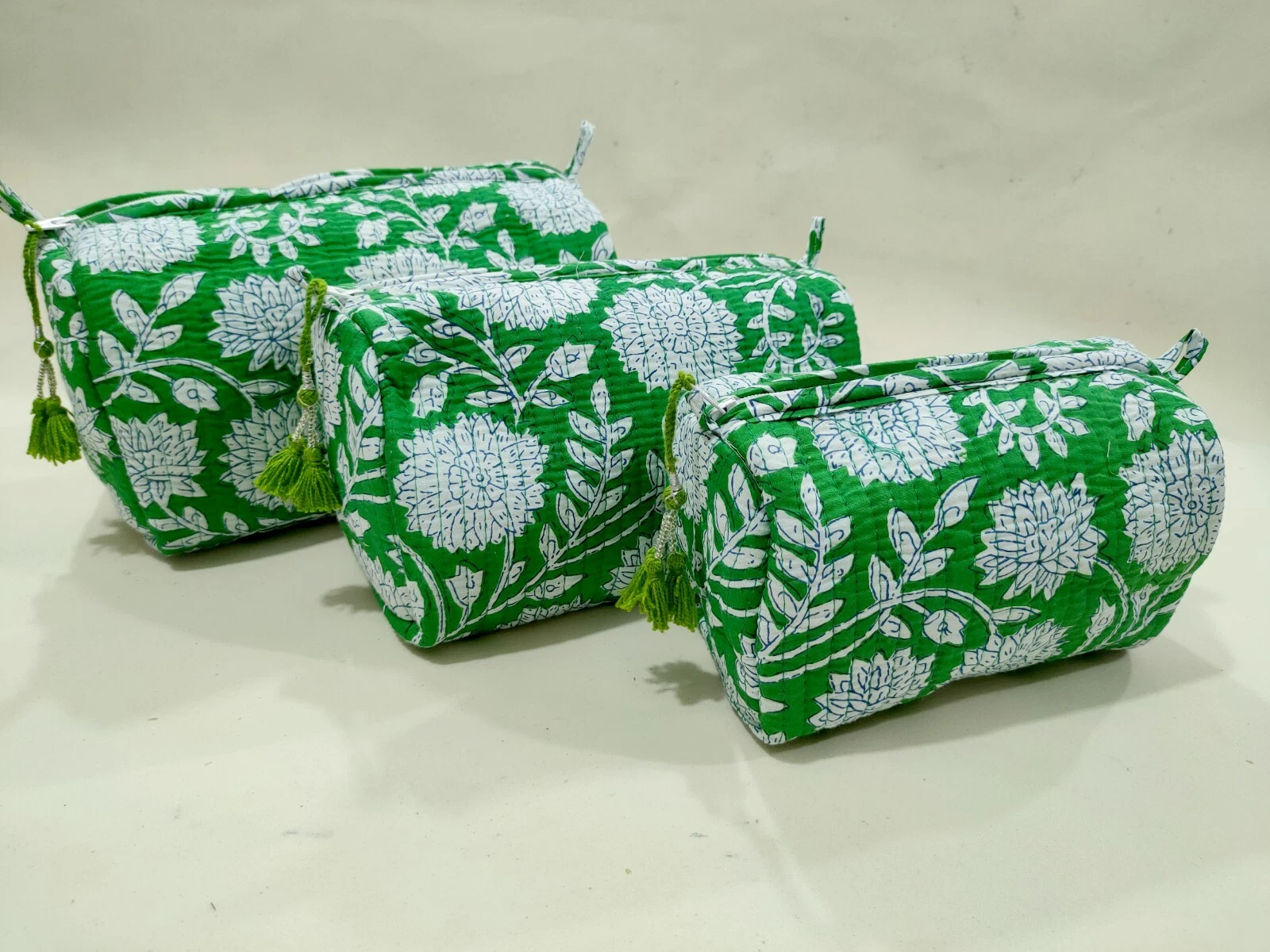 Indian Green Floral Quilted Toiletry Bag Cotton Unisex Makeup Bags 3 Pcs Set US