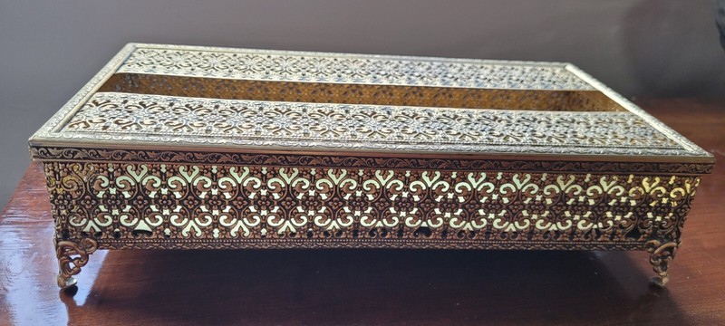 Vtg Footed Tissue Box Holder Ornate Gold Filigree Floral Decor Boudoir Glam 