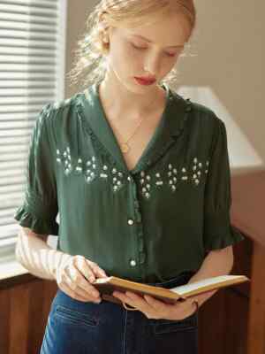 Rebecca Floral Embroidered Puff Top Size Small