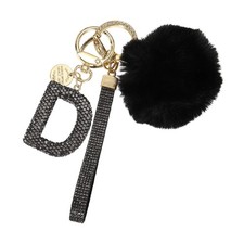 Initial Letter D Keychain with Pom and Rhinestone Wristlet, Grey
