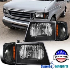 Black for 1992-2007 Ford Econoline Headlights+Turn Signal Corner Lamps Pair