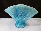 Fenton Blue Opalescent Glass Hobnail Scalloped Melon Rib Fan Vase INV2
