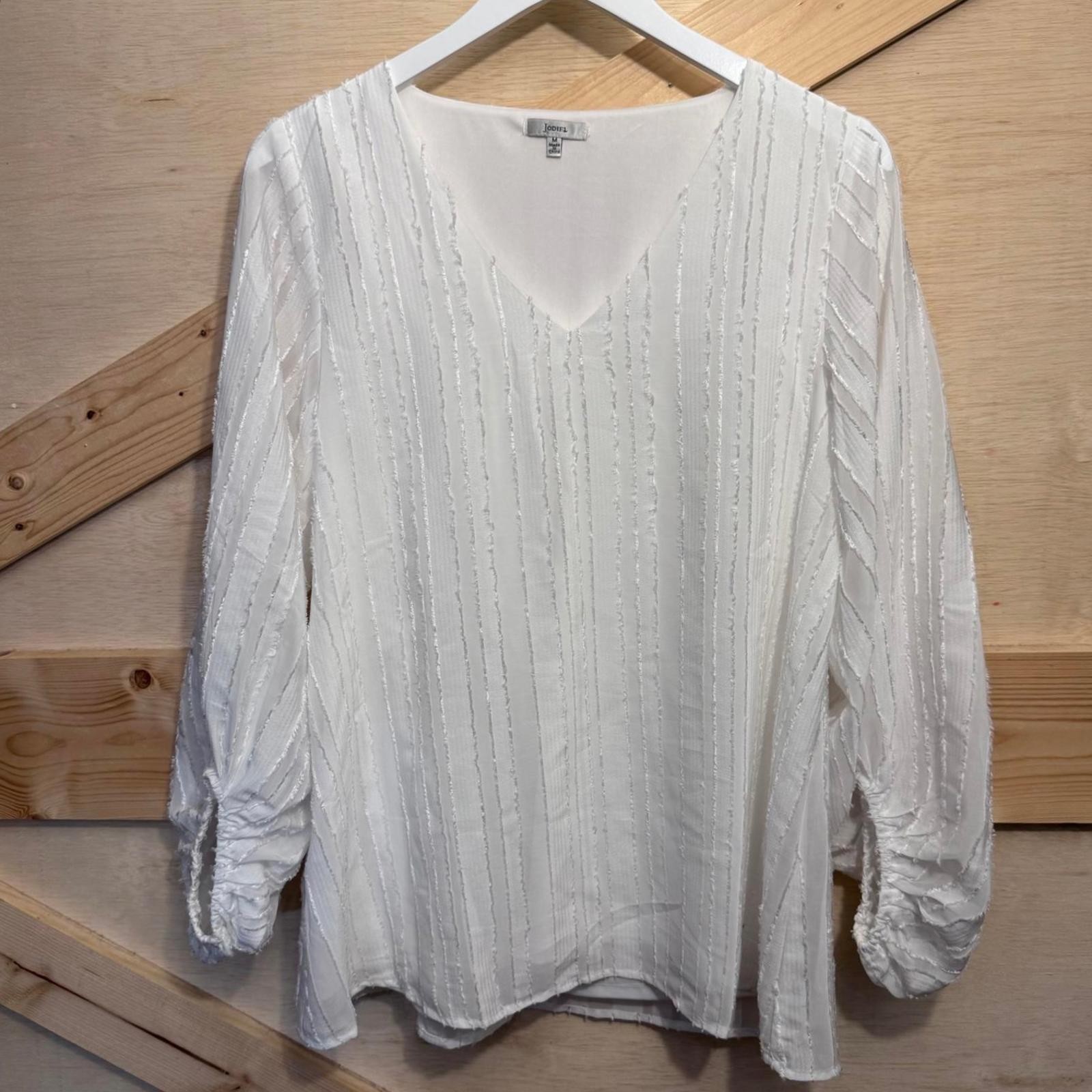 Jodifl Women Medium V Neck Ivory Blouse 3/4 Sleeve Textured Boho