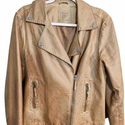 Max Studio Light Brown Faux Leather Moto Biker Jacket Sz Large
