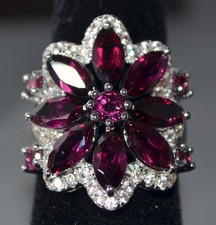 RASPBERRY RHODOLITE GARNET-WHITE ZIRCON-HALO-SIZE 6 RING-RHODIUM/STERLING SILVER