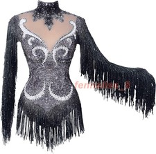 Women's Sparkly Diamante Pearl Fringe Bodysuit Leotard Drag Queen Team Costume