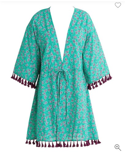 J Crew Cover Up Tie Front Turquoise Purple Floral Print Organic Cotton Tassel SM - Picture 4 of 6