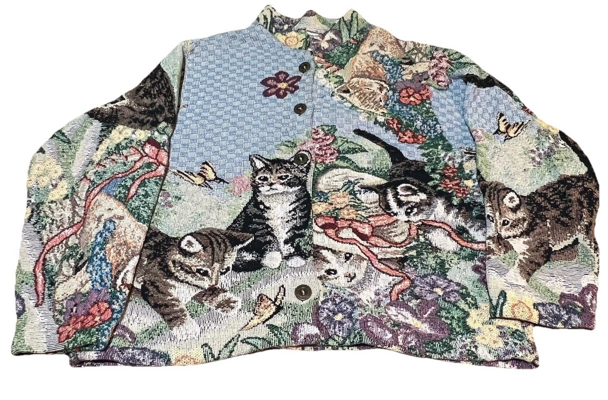 Rare Sugar Street Weavers Sweater Jacket Cat Feline Flower