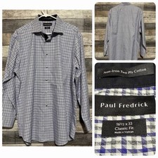 Paul Fredrick Non-Iron 2 Ply Cotton Classic Fit Plaid Dress Shirt Men 16 1/2 33