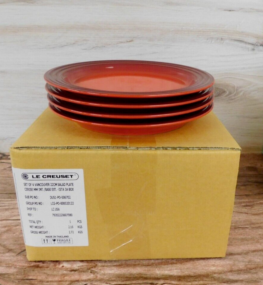 Le Creuset Stoneware 8.5-Inch Salad Plates Set of 4, Cerise Red - NEW