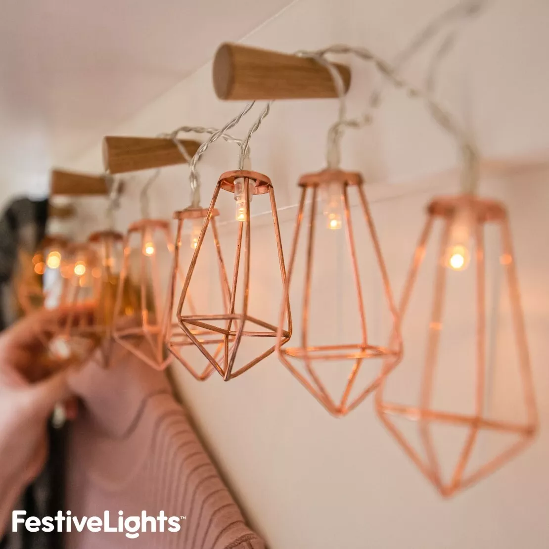 1.5m Battery Rose Gold Metal Lantern LED Warm White Fairy String Timer Lights