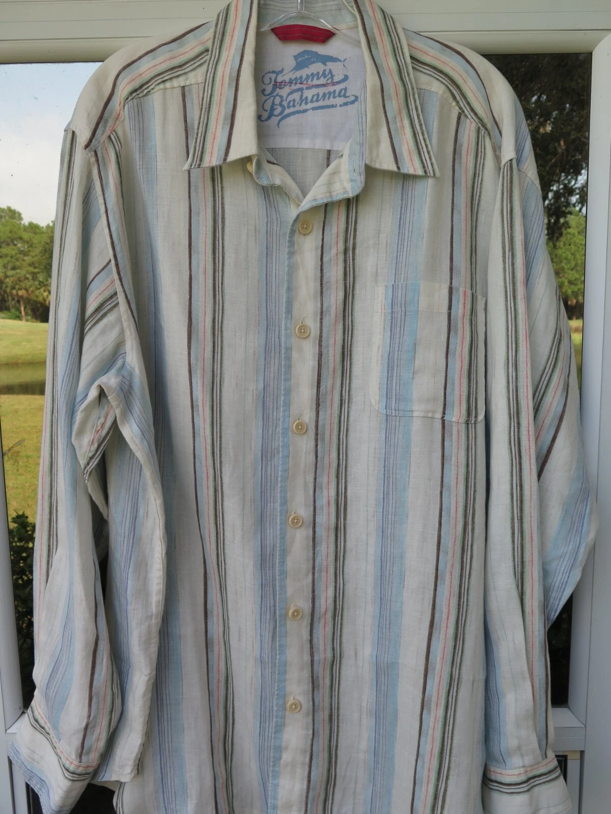 Tommy Bahama Relax Men Pure Linen Colorful Striped Summer Casual Shirt Large EUC