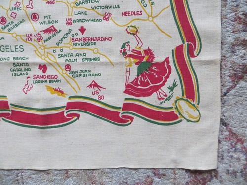 VTG California tablecloth highway map pre-Disney linen green red yellow 33 X 39 - Picture 7 of 12