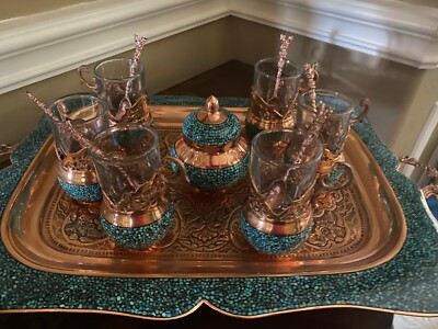 Persian Tea set Turquoise Stone & Copper Made by Master Mr