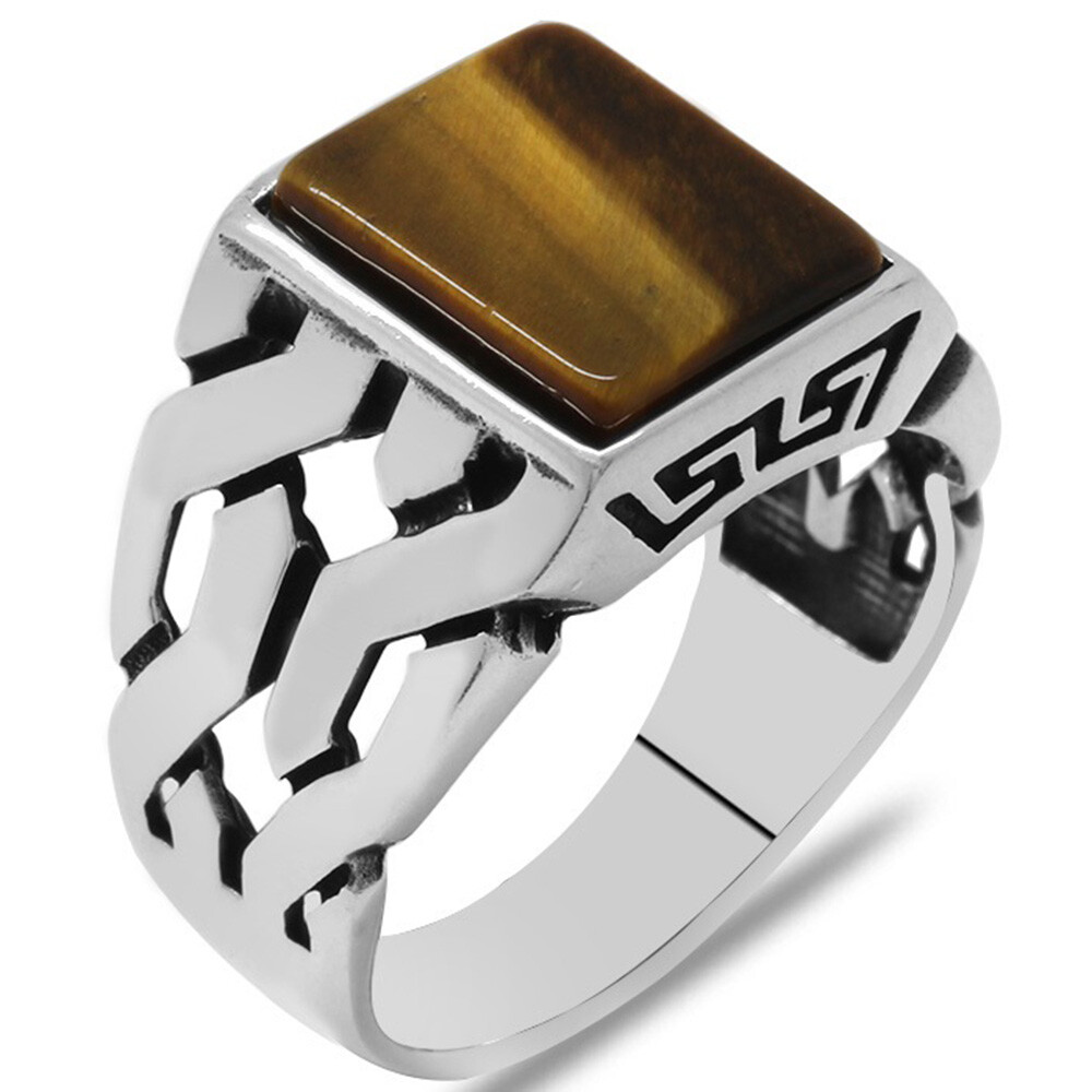 925 Sterling Silver Rectangle Flat Tiger's Eye Stone Men's Ring