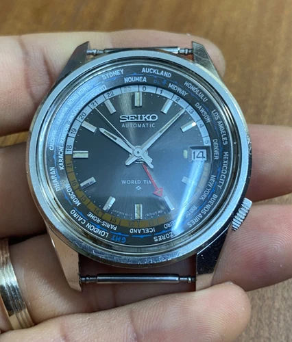 vintage Seiko World Time GMT Grey Dial 6117-6010 Automatic Watch Military Date