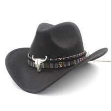 Black Western Cowboy, Cowgirl Hat, Multicolor Bull Strap, Men Women, One Size