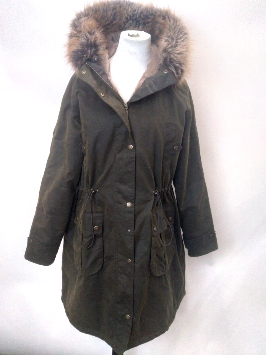 Barbour Hartwith Hooded Faux Fur Trim Waxed Cotton Parka Olive LWX1181OL51  US 12 | eBay