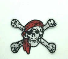 Pirate Skull and Cross Bones Flag With Red Bandana Iron On Patch Halloween