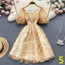 Women A-line Chiffon Floral Short Dresses Square Neck Puff Sleeve High Waist