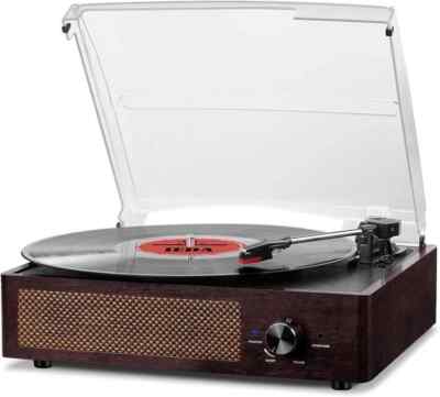 (brown) Bluetooth Vinyl Record Player, 3-speed Turntable with Stereo Speakers